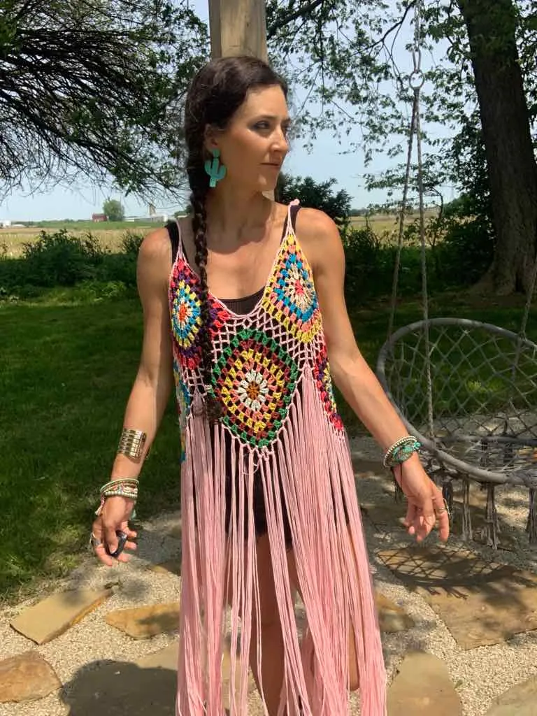 Pink Hippie Crochet Fringe Duster