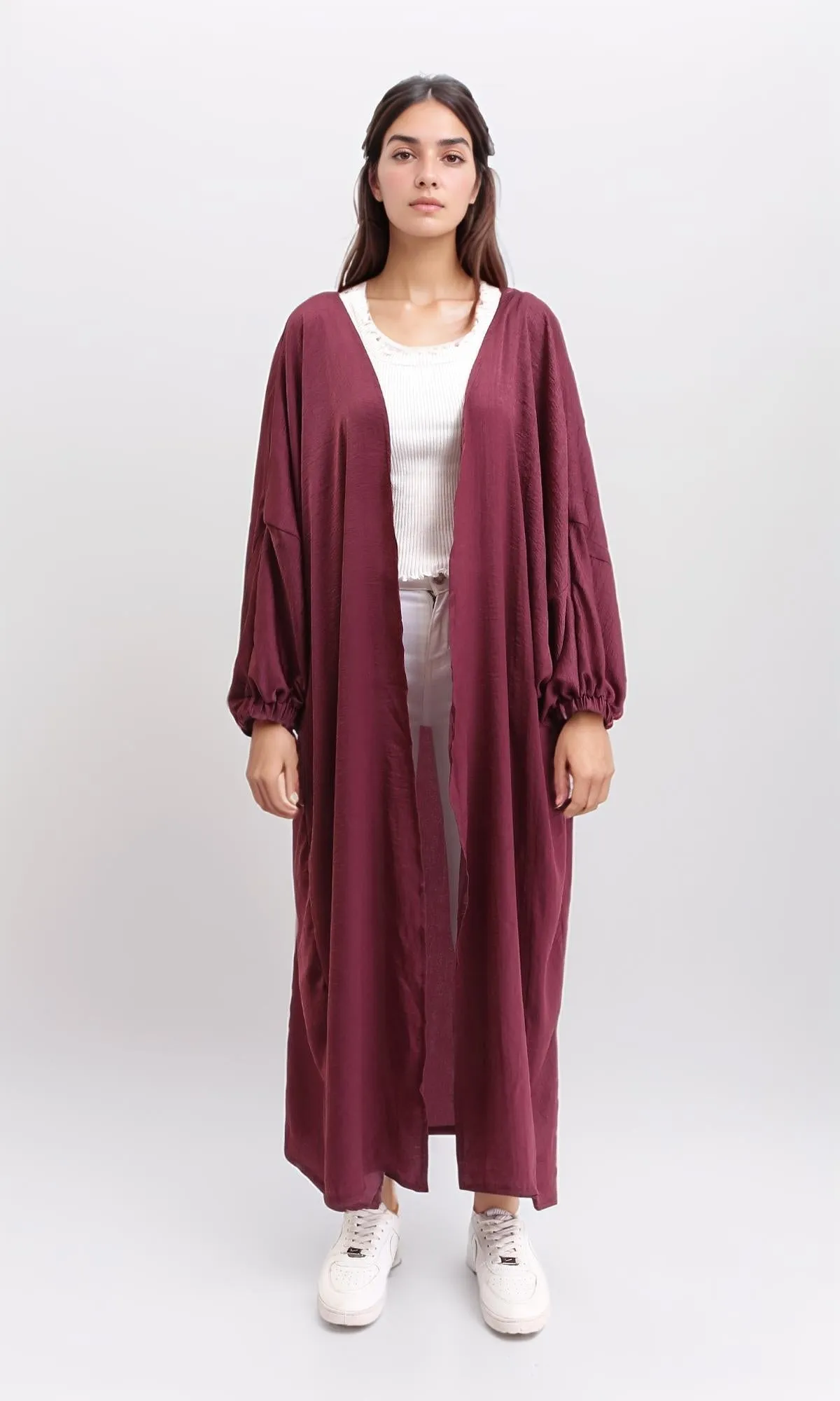 R207943 - Slip On Textured Long Cardigan - Maroon