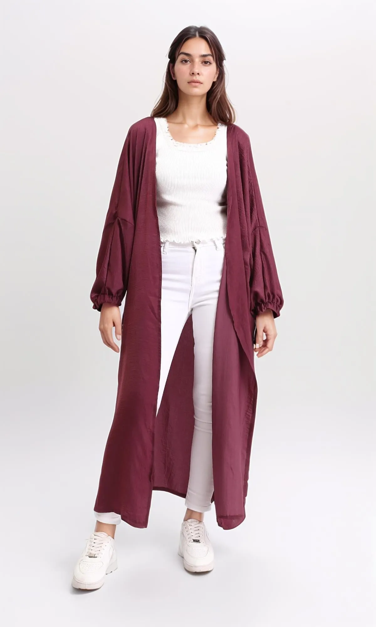 R207943 - Slip On Textured Long Cardigan - Maroon