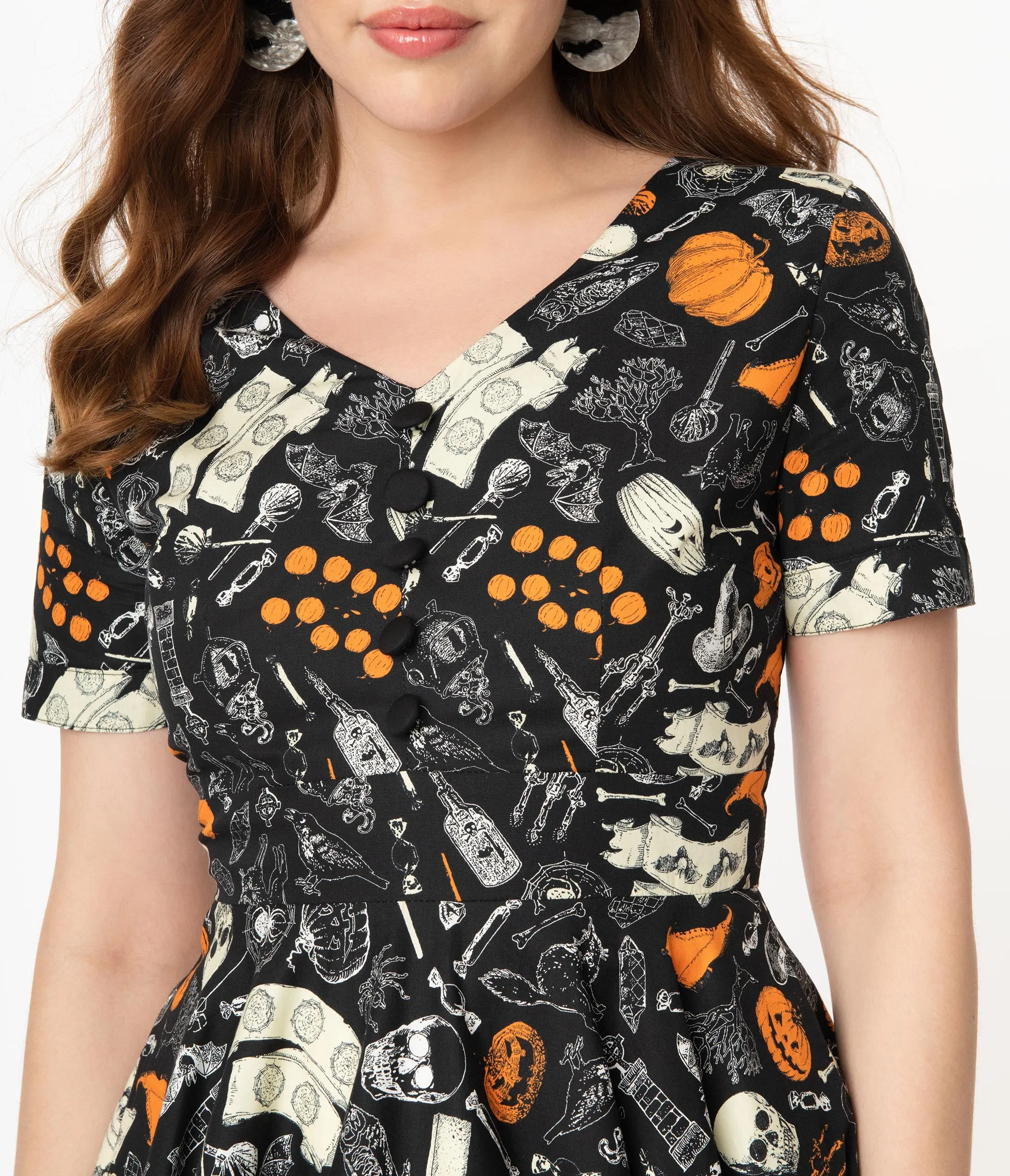 Retro Black Halloween Print Evita Swing Dress