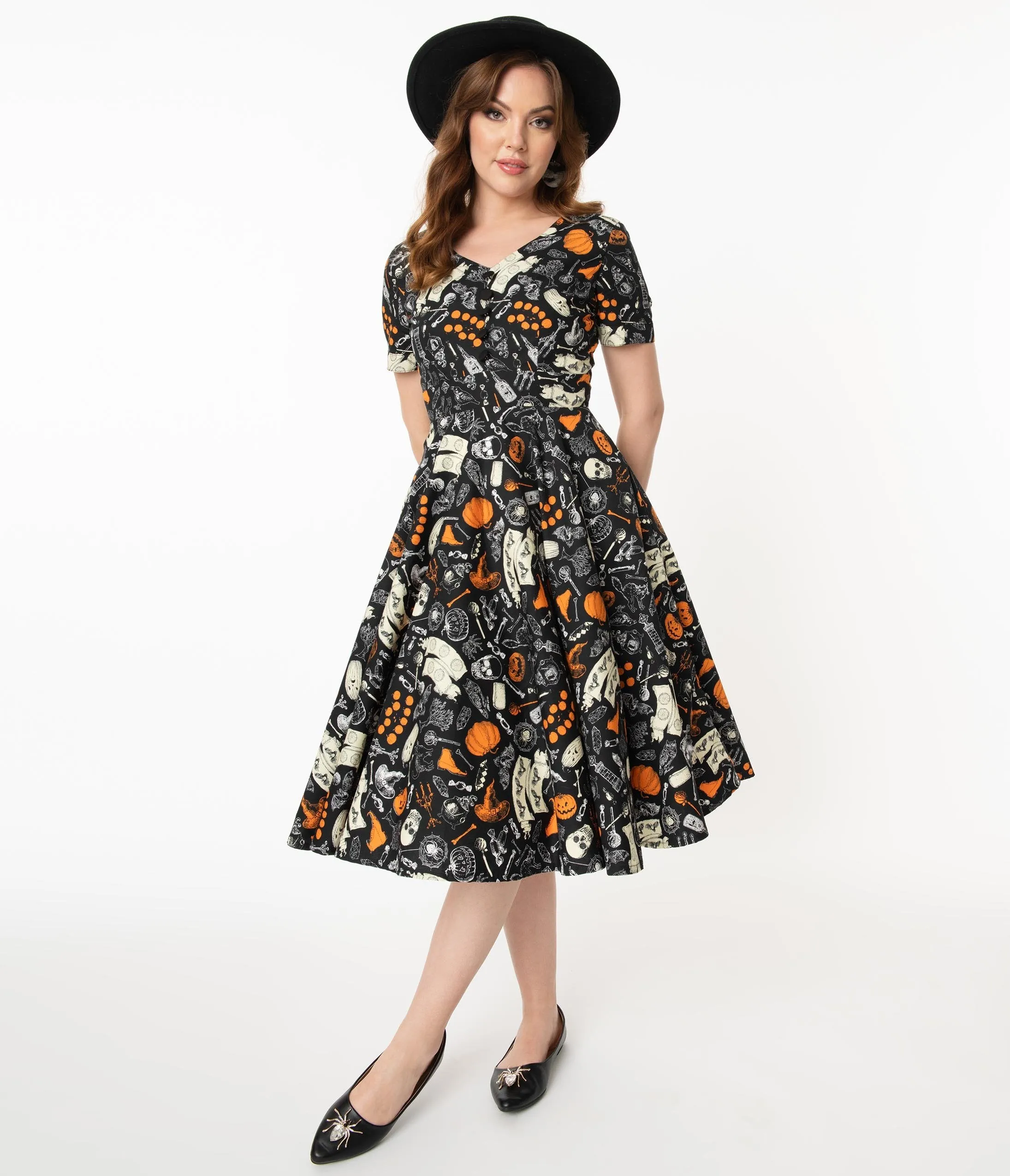 Retro Black Halloween Print Evita Swing Dress