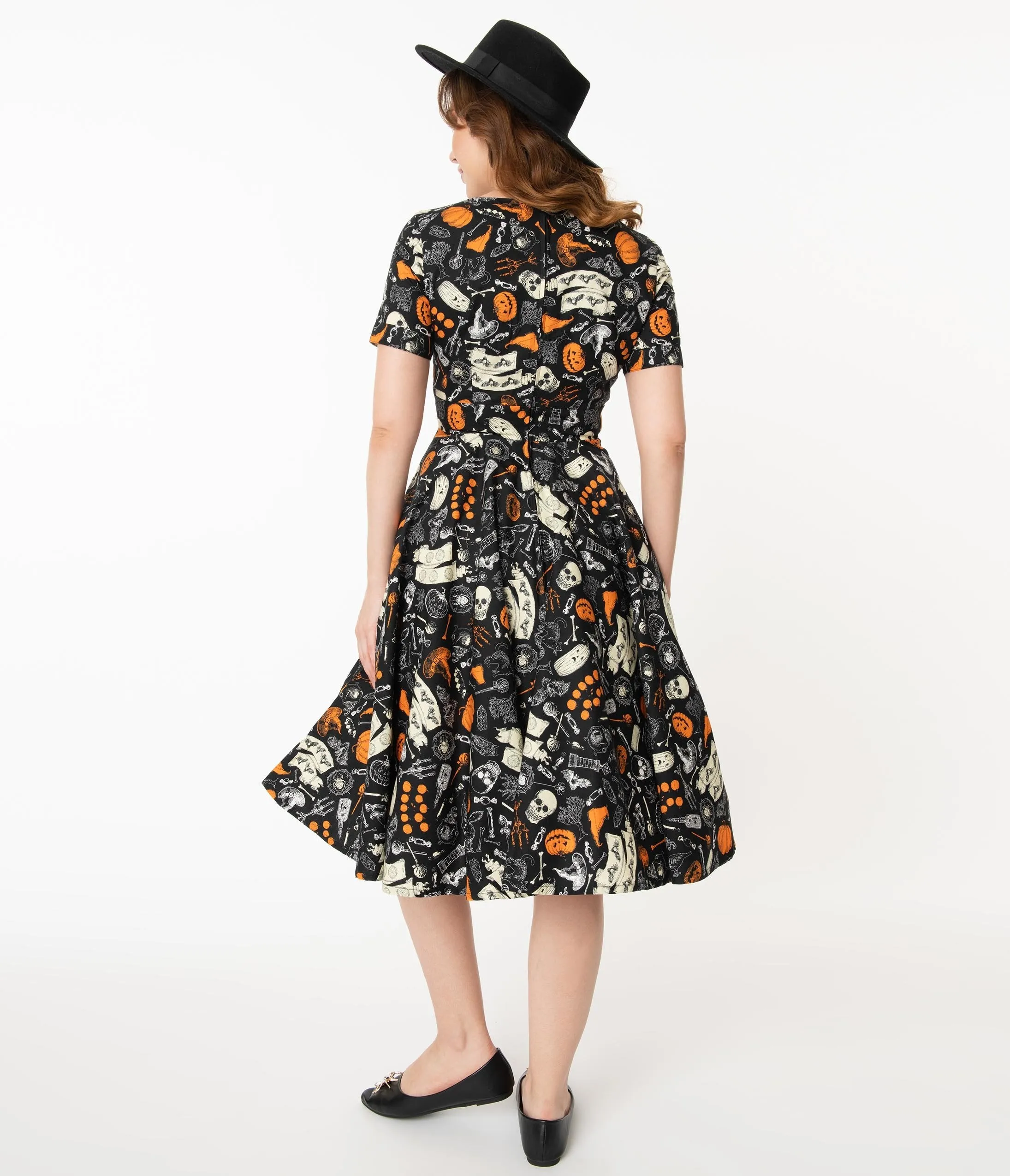 Retro Black Halloween Print Evita Swing Dress