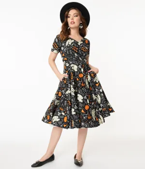 Retro Black Halloween Print Evita Swing Dress