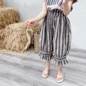 Retro Striped Calf-Length Ruffled Pants