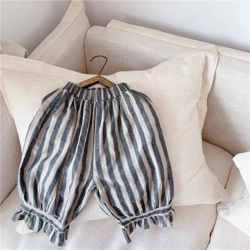 Retro Striped Calf-Length Ruffled Pants