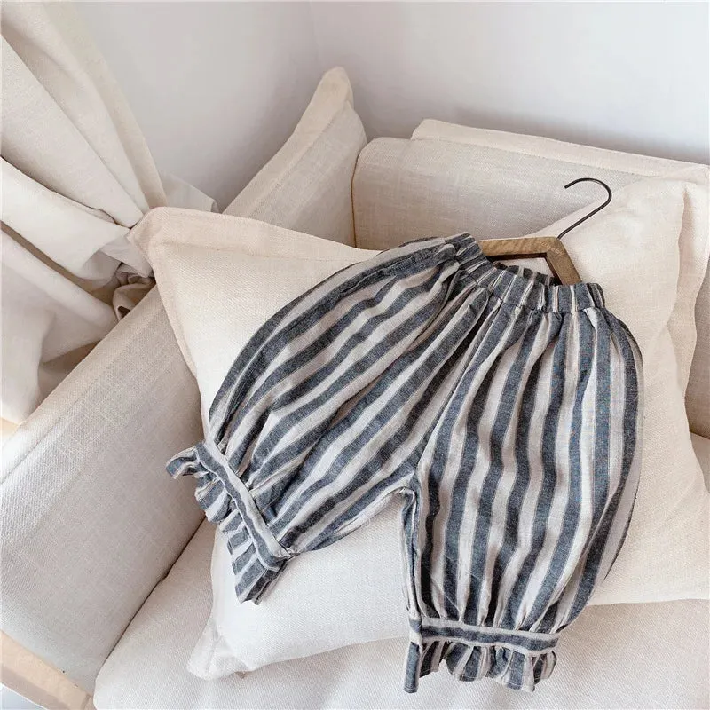 Retro Striped Calf-Length Ruffled Pants