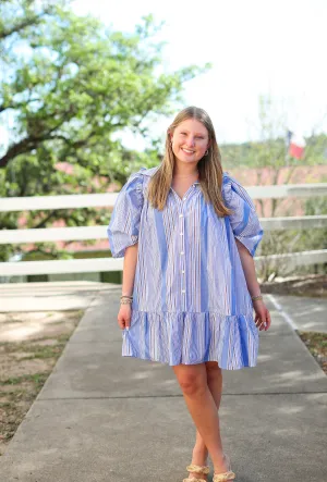 Saige Blue & Red Striped Button Down Dress
