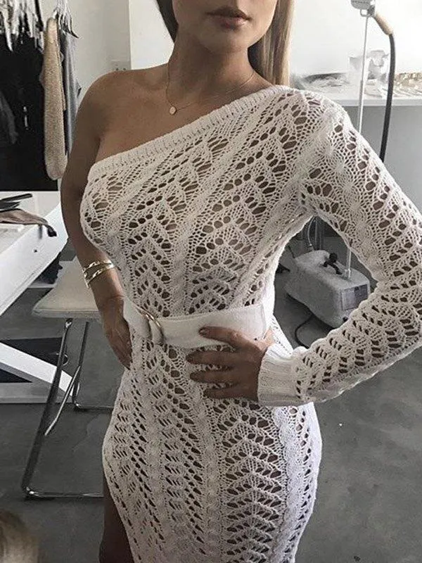 Sexy Hollow One-Shoulder Knitting Dresses