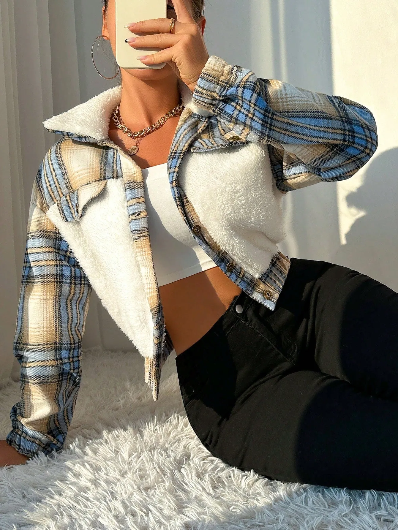SHEIN Essnce Plaid Print Borg Collar Teddy Jacket