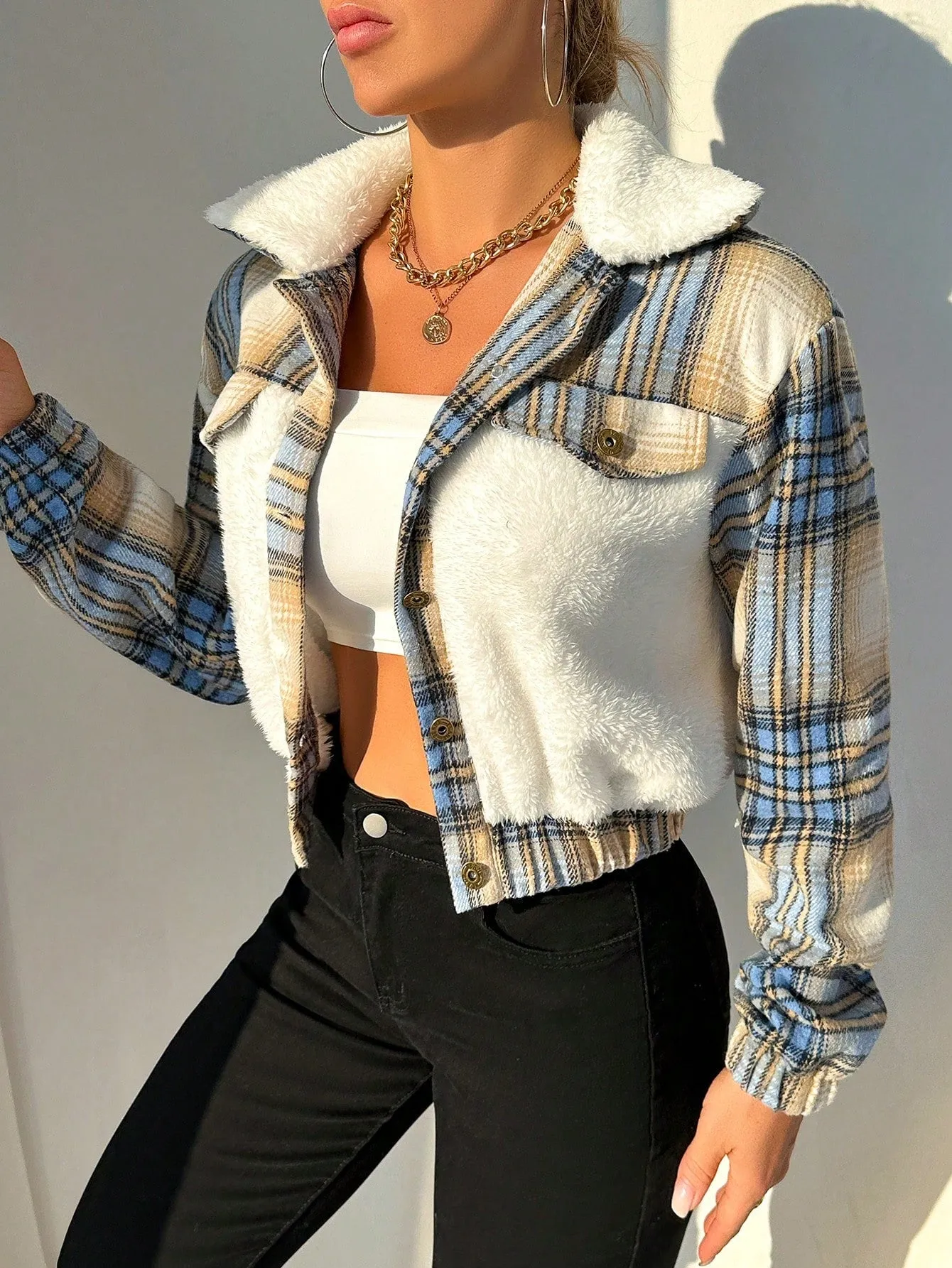 SHEIN Essnce Plaid Print Borg Collar Teddy Jacket