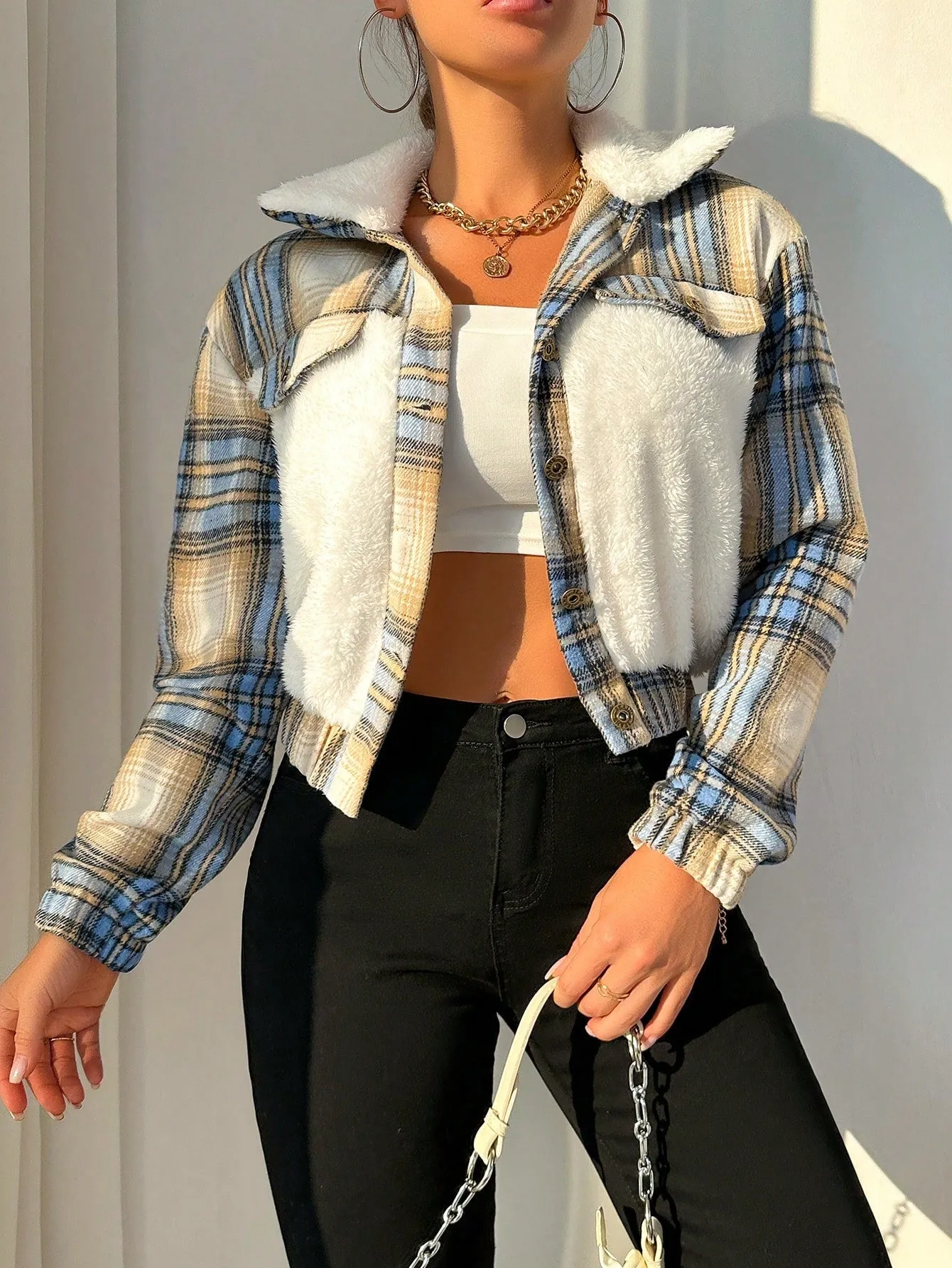 SHEIN Essnce Plaid Print Borg Collar Teddy Jacket