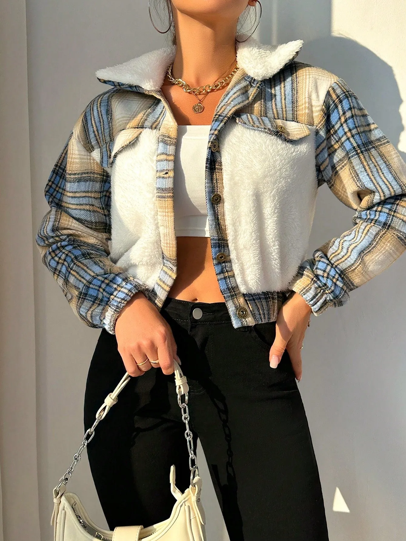 SHEIN Essnce Plaid Print Borg Collar Teddy Jacket