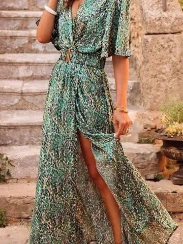 Spring Summer Elegant Belt Party Long Dresses For Women Sexy Deep V Nevk Short Sleeve Boho Print Slit Dress 2023 Vestidos
