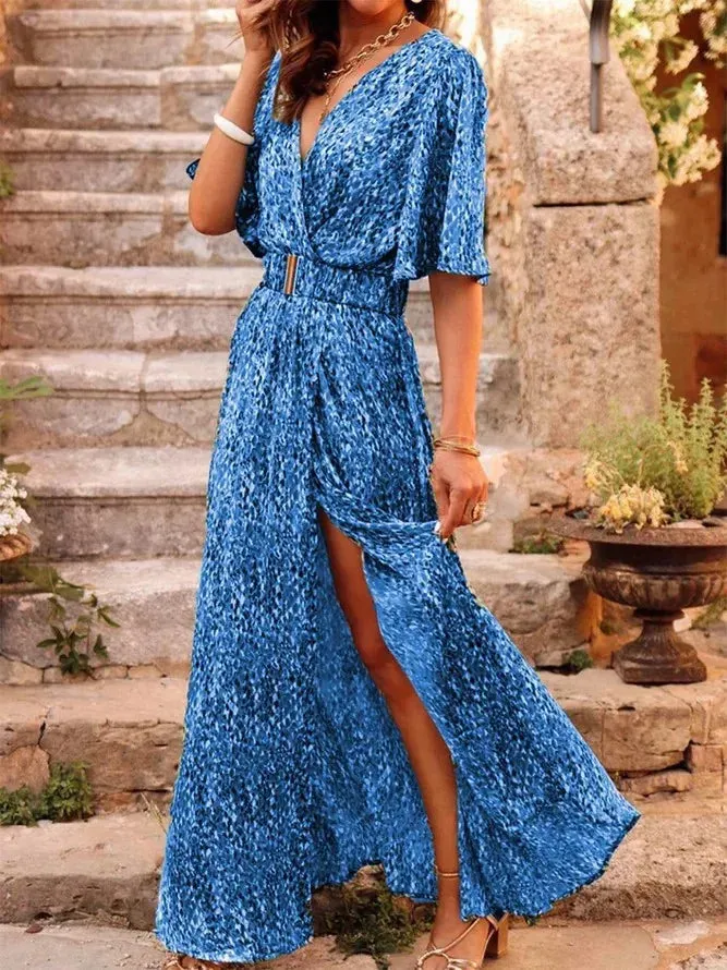 Spring Summer Elegant Belt Party Long Dresses For Women Sexy Deep V Nevk Short Sleeve Boho Print Slit Dress 2023 Vestidos