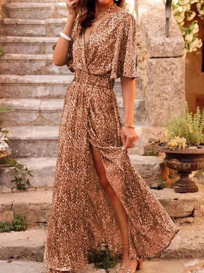 Spring Summer Elegant Belt Party Long Dresses For Women Sexy Deep V Nevk Short Sleeve Boho Print Slit Dress 2023 Vestidos