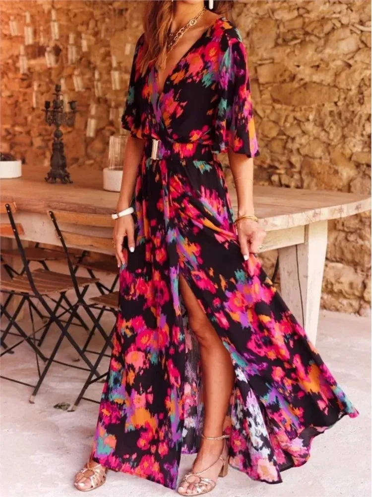 Spring Summer Elegant Belt Party Long Dresses For Women Sexy Deep V Nevk Short Sleeve Boho Print Slit Dress 2023 Vestidos