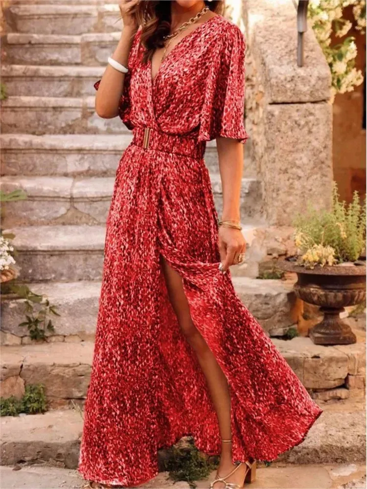 Spring Summer Elegant Belt Party Long Dresses For Women Sexy Deep V Nevk Short Sleeve Boho Print Slit Dress 2023 Vestidos