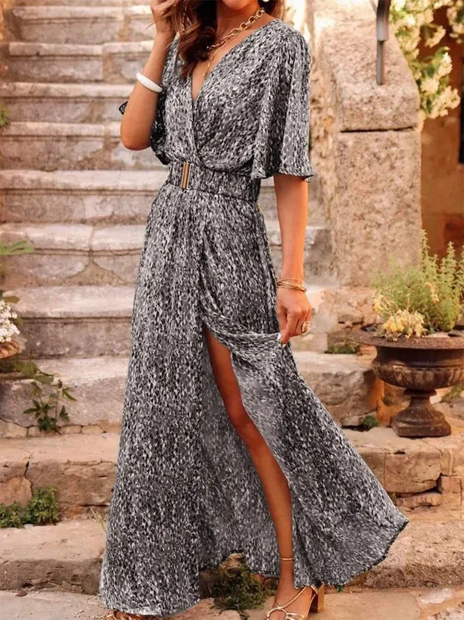 Spring Summer Elegant Belt Party Long Dresses For Women Sexy Deep V Nevk Short Sleeve Boho Print Slit Dress 2023 Vestidos