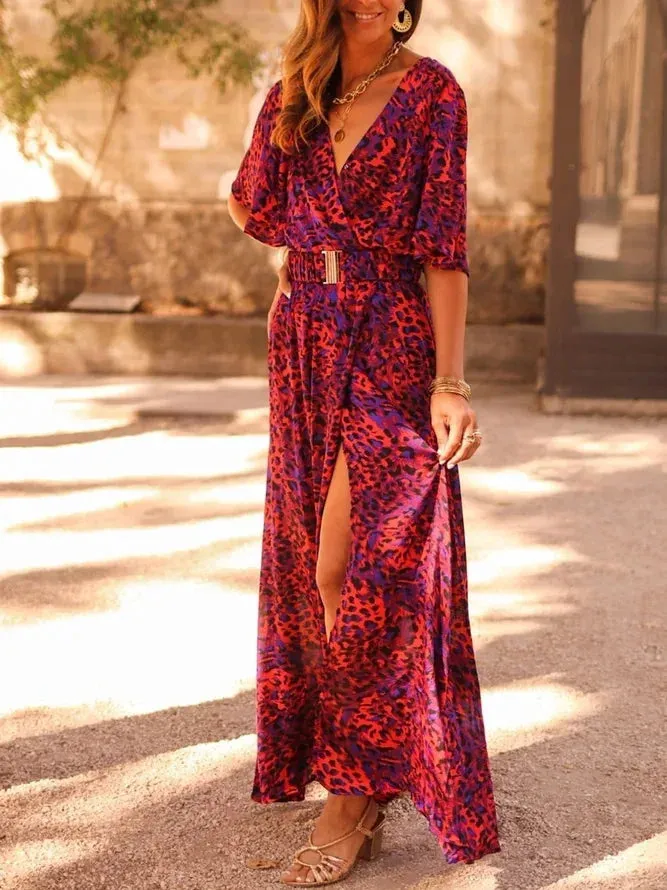 Spring Summer Elegant Belt Party Long Dresses For Women Sexy Deep V Nevk Short Sleeve Boho Print Slit Dress 2023 Vestidos