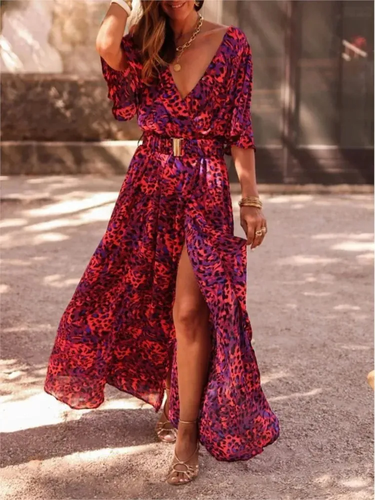 Spring Summer Elegant Belt Party Long Dresses For Women Sexy Deep V Nevk Short Sleeve Boho Print Slit Dress 2023 Vestidos