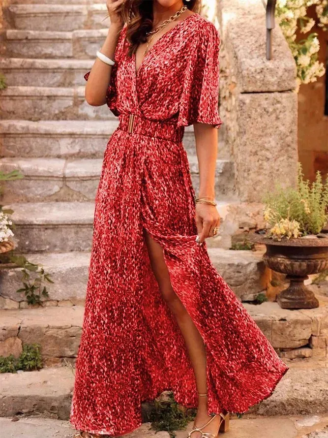 Spring Summer Elegant Belt Party Long Dresses For Women Sexy Deep V Nevk Short Sleeve Boho Print Slit Dress 2023 Vestidos