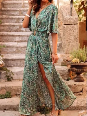 Spring Summer Elegant Belt Party Long Dresses For Women Sexy Deep V Nevk Short Sleeve Boho Print Slit Dress 2023 Vestidos