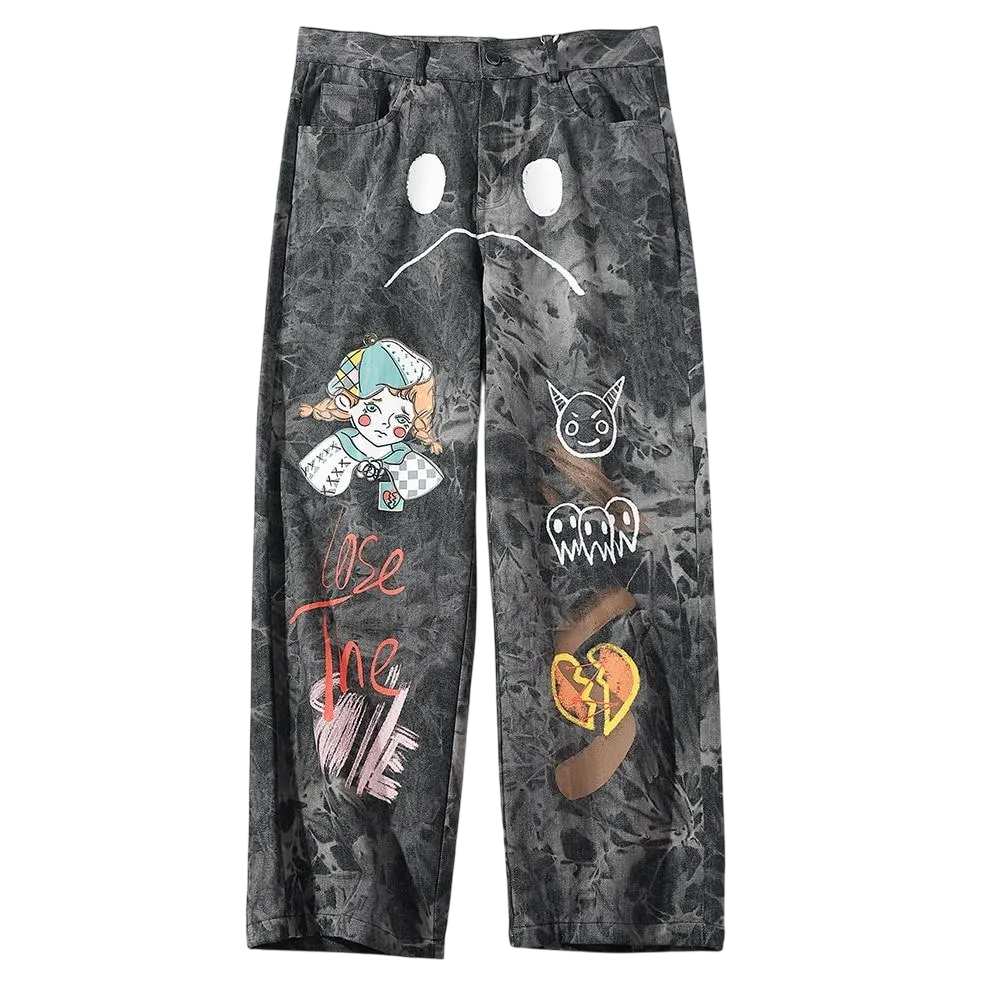 Straight Leg Chinos with Creature Print and Acid Wash Tie Dye