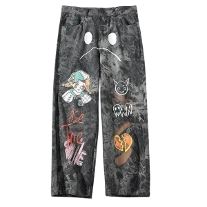 Straight Leg Chinos with Creature Print and Acid Wash Tie Dye