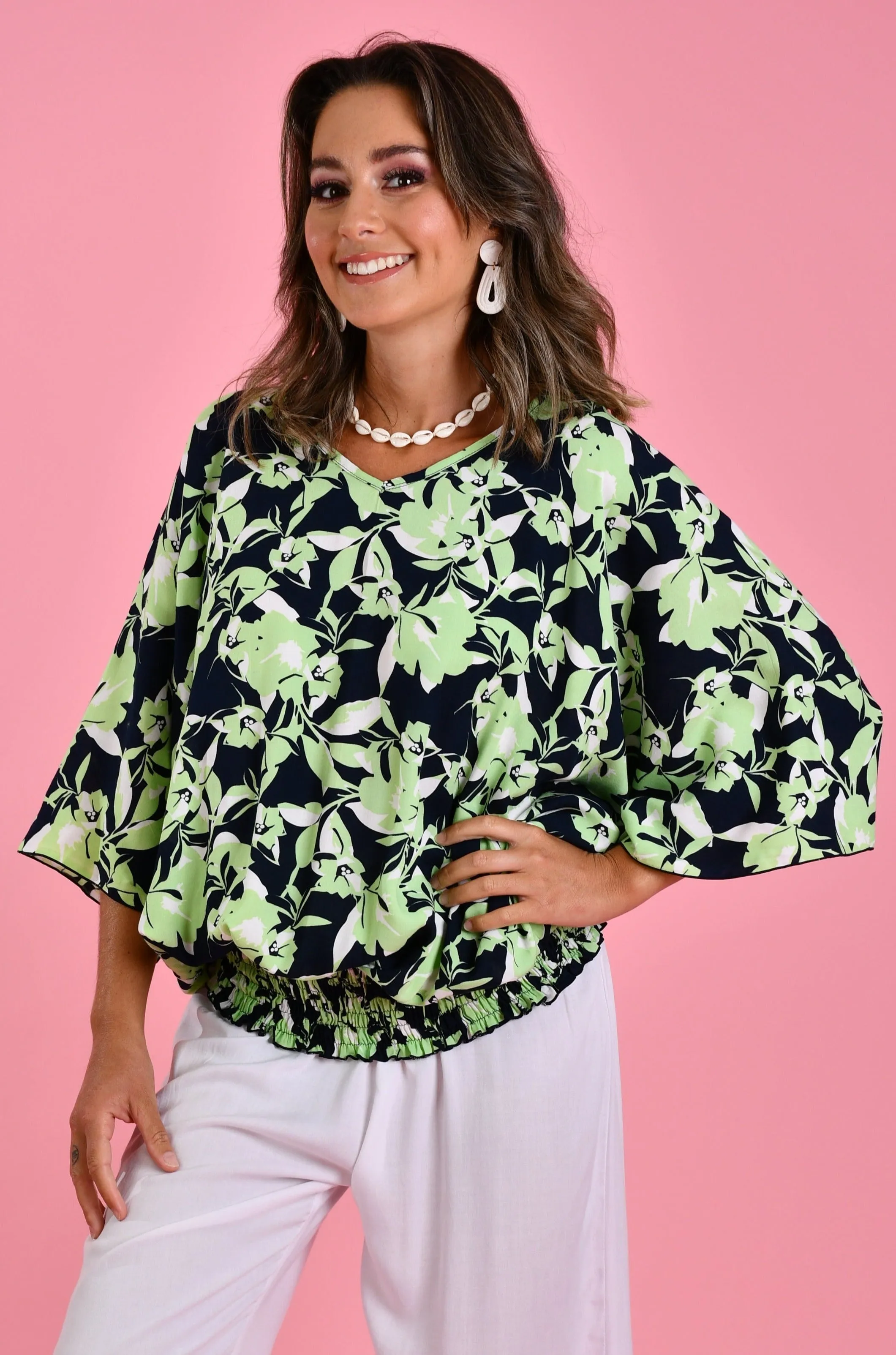 VBLT112 - V NECK BATWING TOP - MIDORI SPLICE