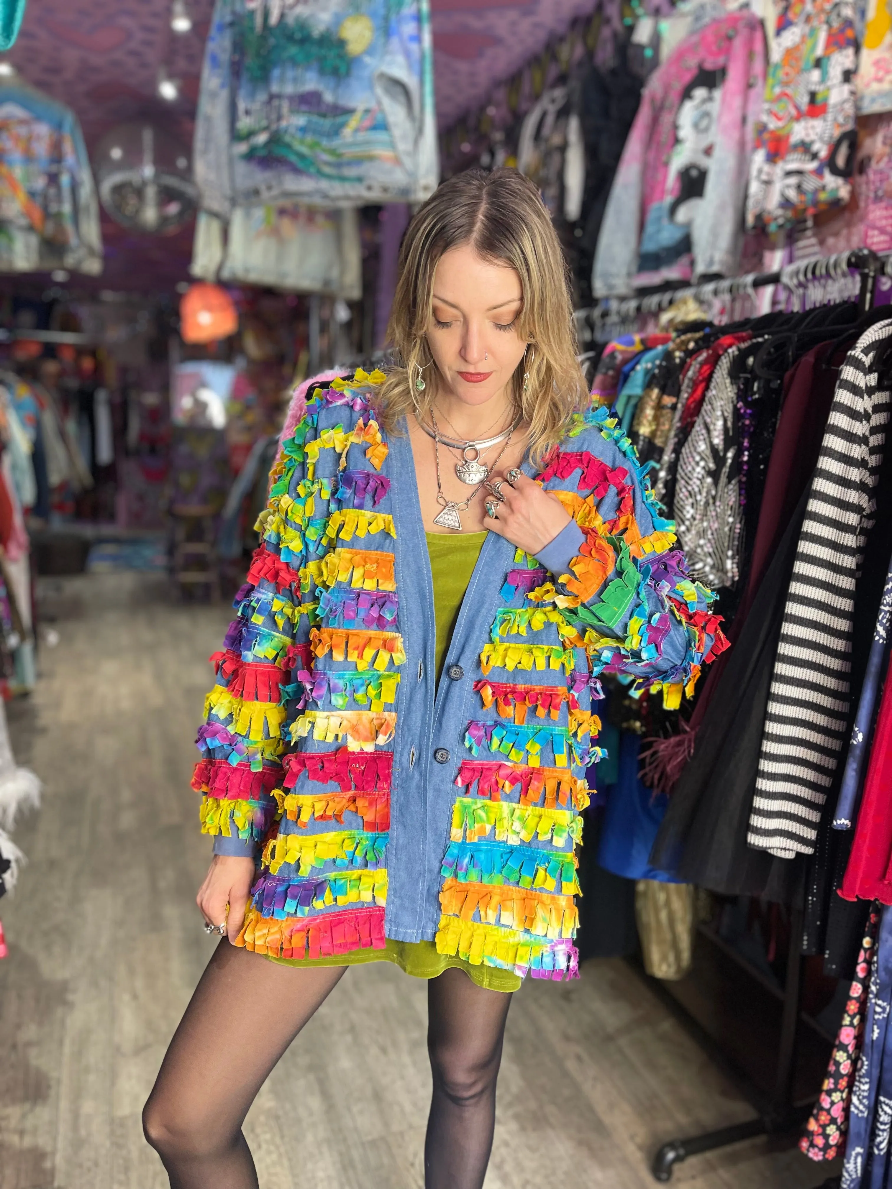 Vintage 90’s Rainbow Fringe Denim Jacket