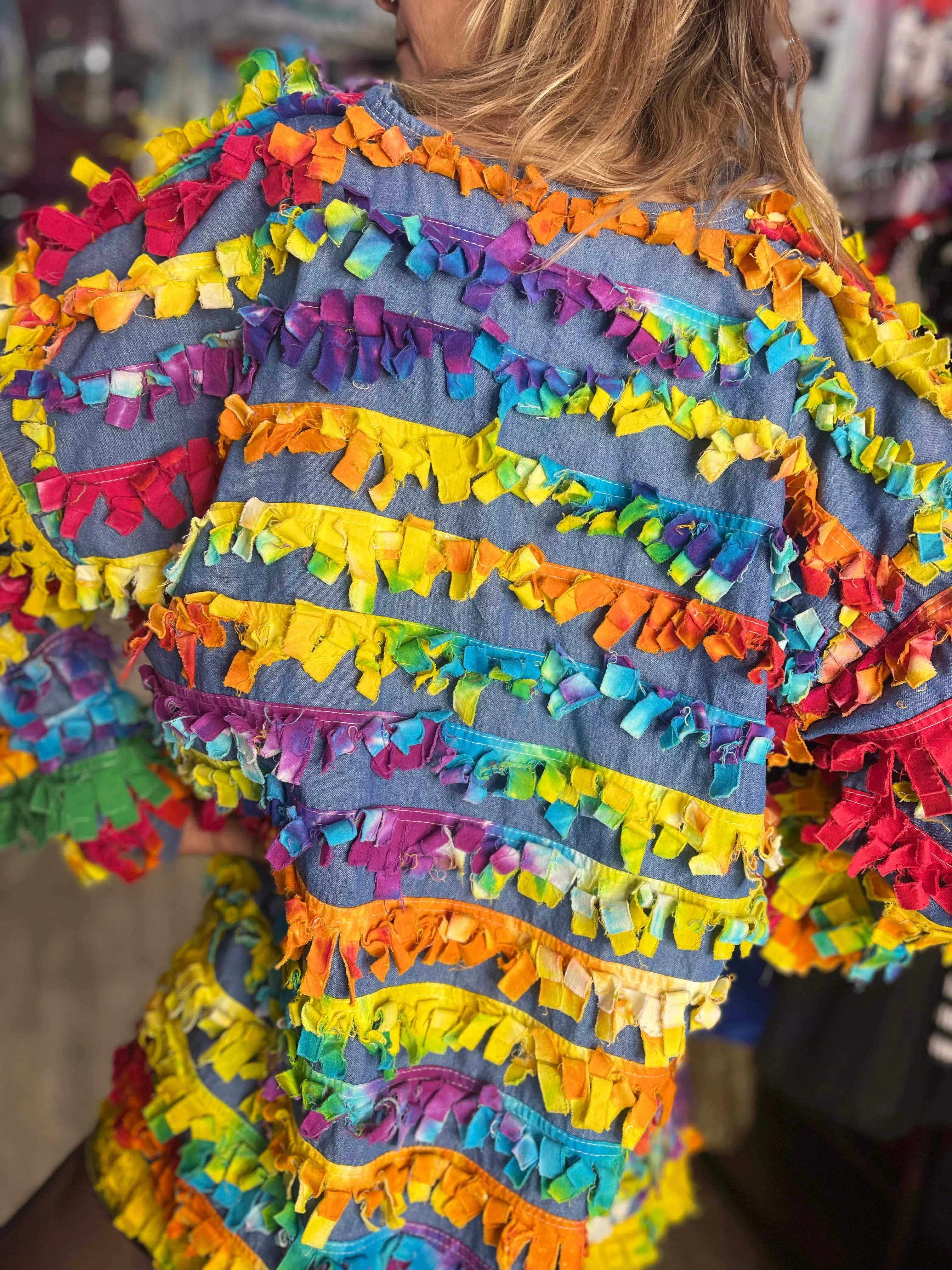 Vintage 90’s Rainbow Fringe Denim Jacket