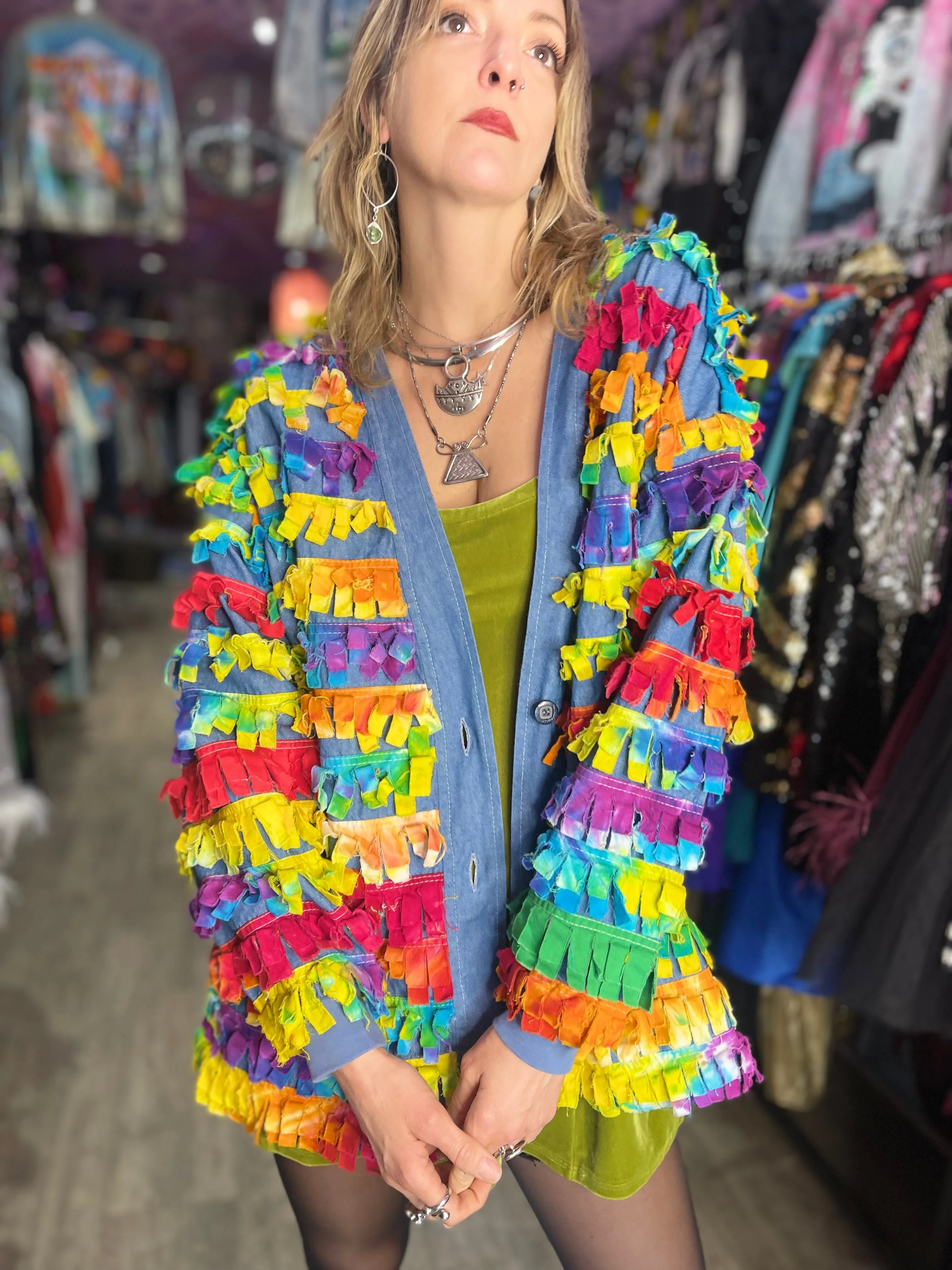 Vintage 90’s Rainbow Fringe Denim Jacket