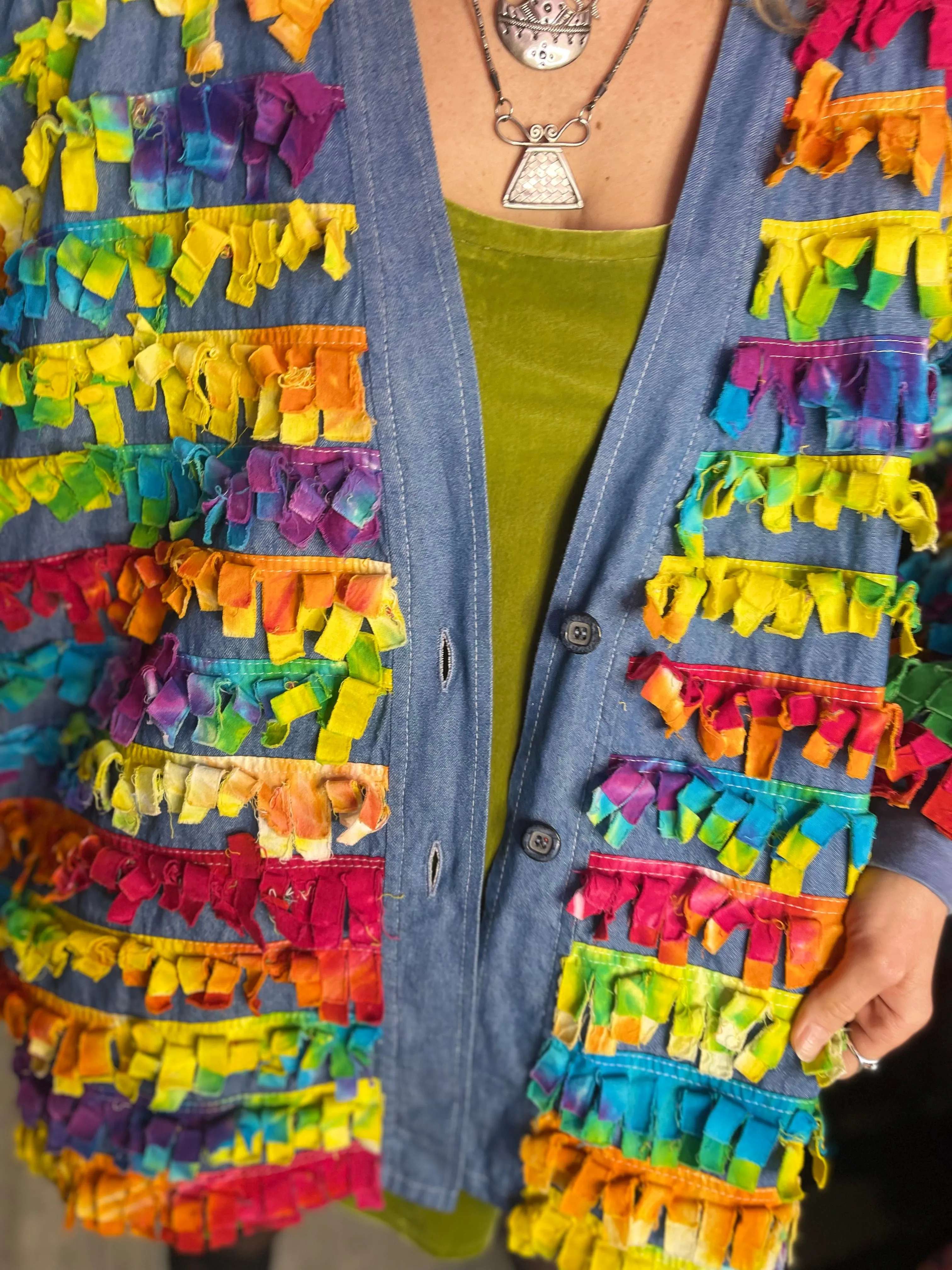 Vintage 90’s Rainbow Fringe Denim Jacket
