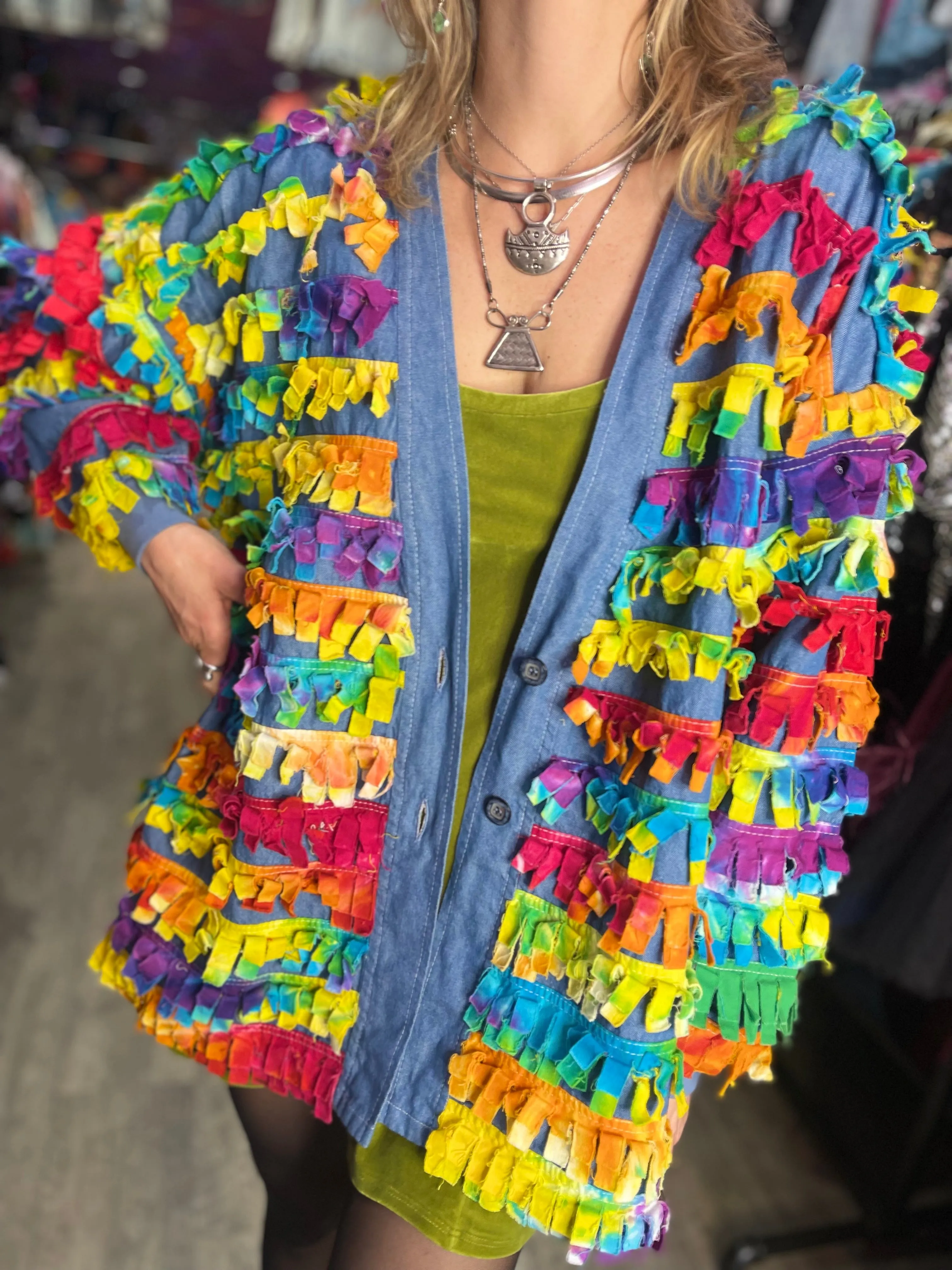 Vintage 90’s Rainbow Fringe Denim Jacket