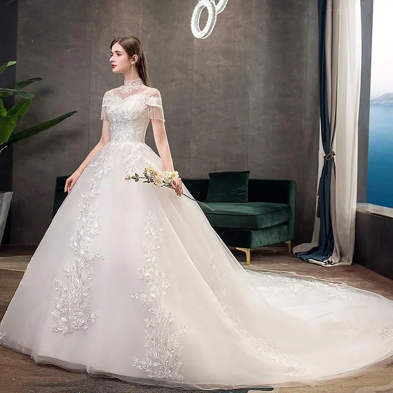 Vintage High Neck Short Sleeve Wedding Dress