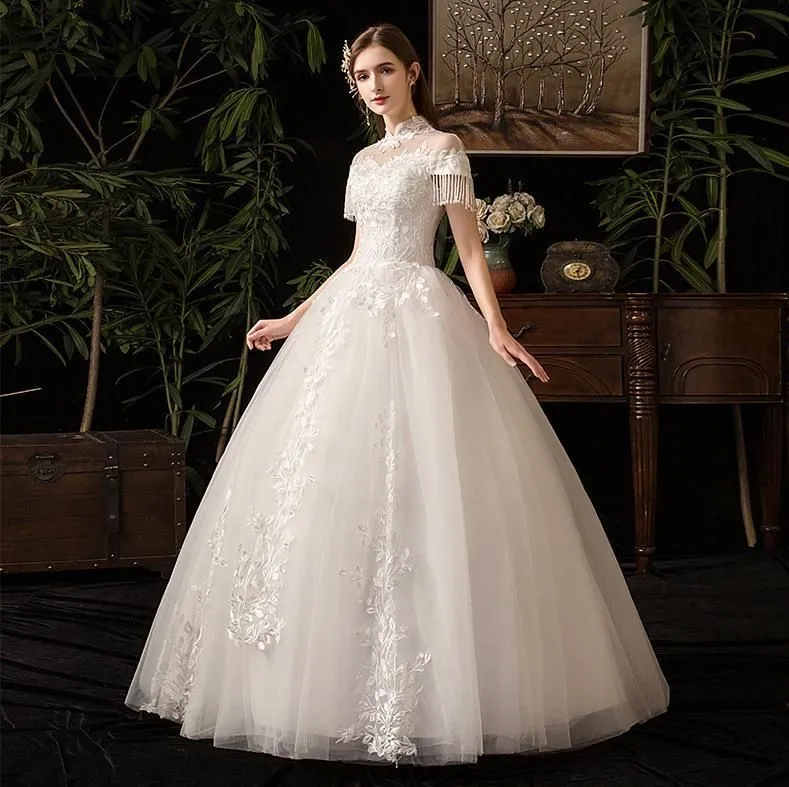 Vintage High Neck Short Sleeve Wedding Dress