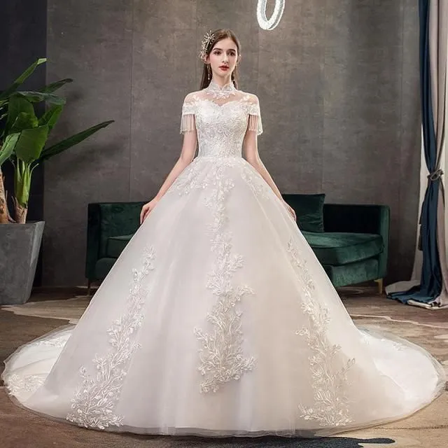 Vintage High Neck Short Sleeve Wedding Dress