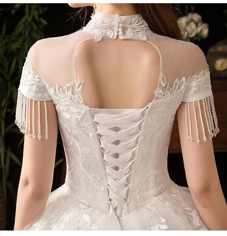 Vintage High Neck Short Sleeve Wedding Dress