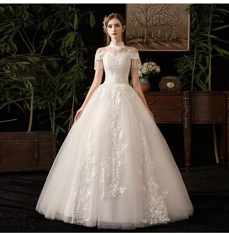 Vintage High Neck Short Sleeve Wedding Dress