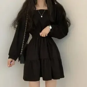 Vintage Square Collar Long Sleeve Mini Dresses