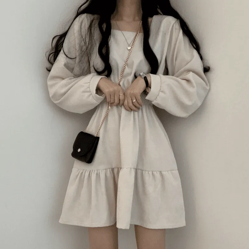 Vintage Square Collar Long Sleeve Mini Dresses