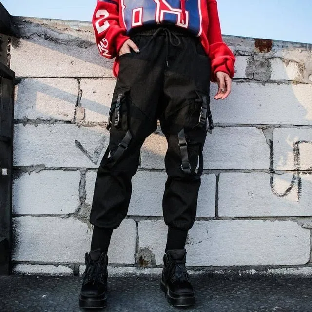 Yeknu Black Cargo Pants Women Casual Joggers High Waist Loose Female Hip Hop Trousers Korean Punk Pants Funny Capri Streetwear Femme